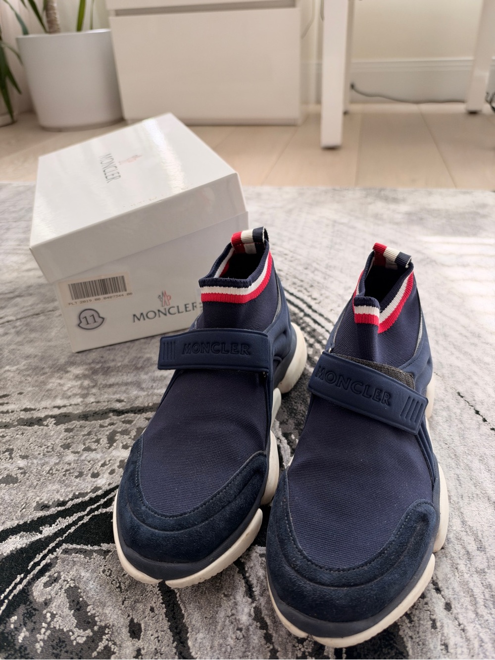 Moncler Men's Navy Slip-On Sneakers with Red & White Trim